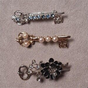 Vintage Key Brooches (3) Rhinestone & Pearls